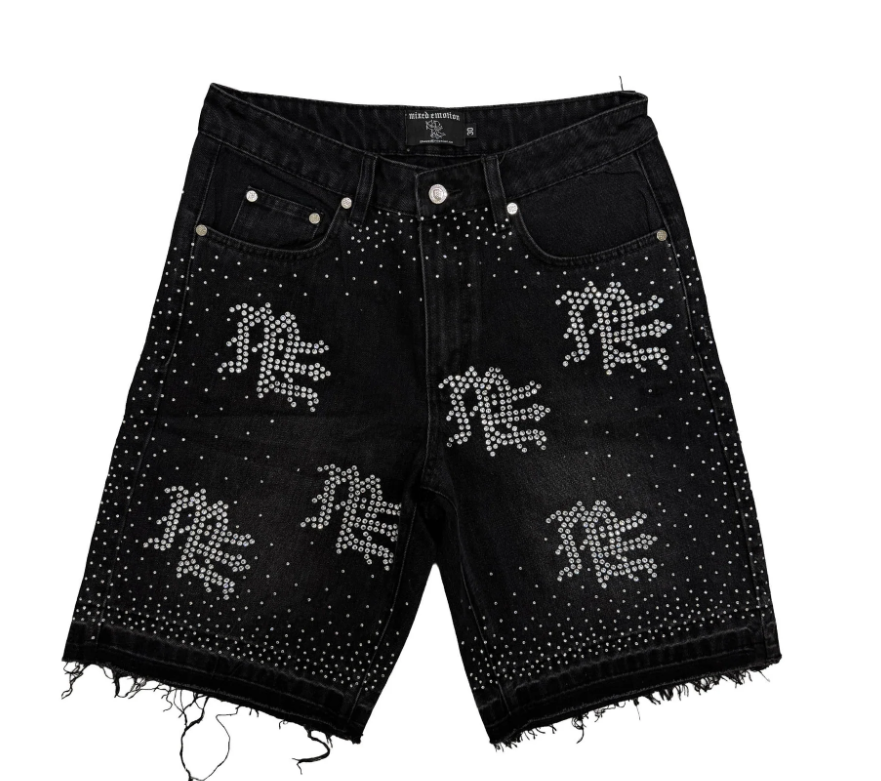Mixed Emotion Black “ME” Rhinestone Denim Shorts